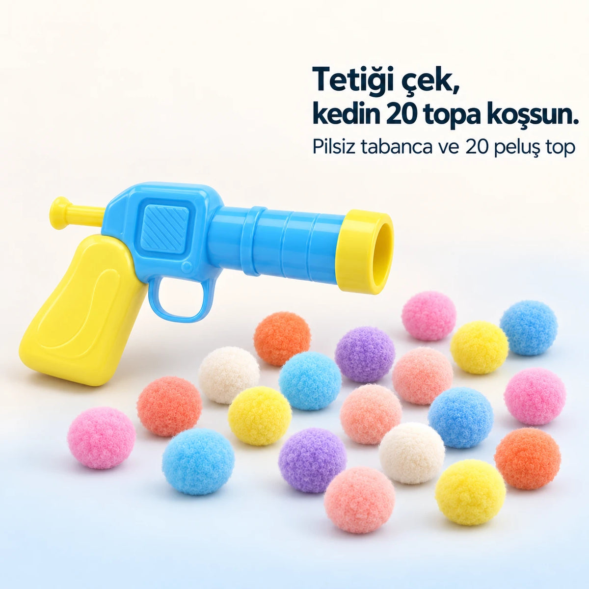 Ponpati top atan kedi oyuncağı: tabanca ve 20 peluş top
