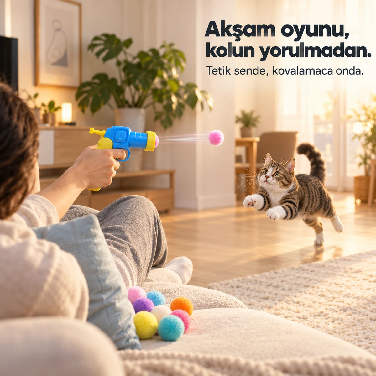 Kedi topun peşinde, oturma odasında oyun