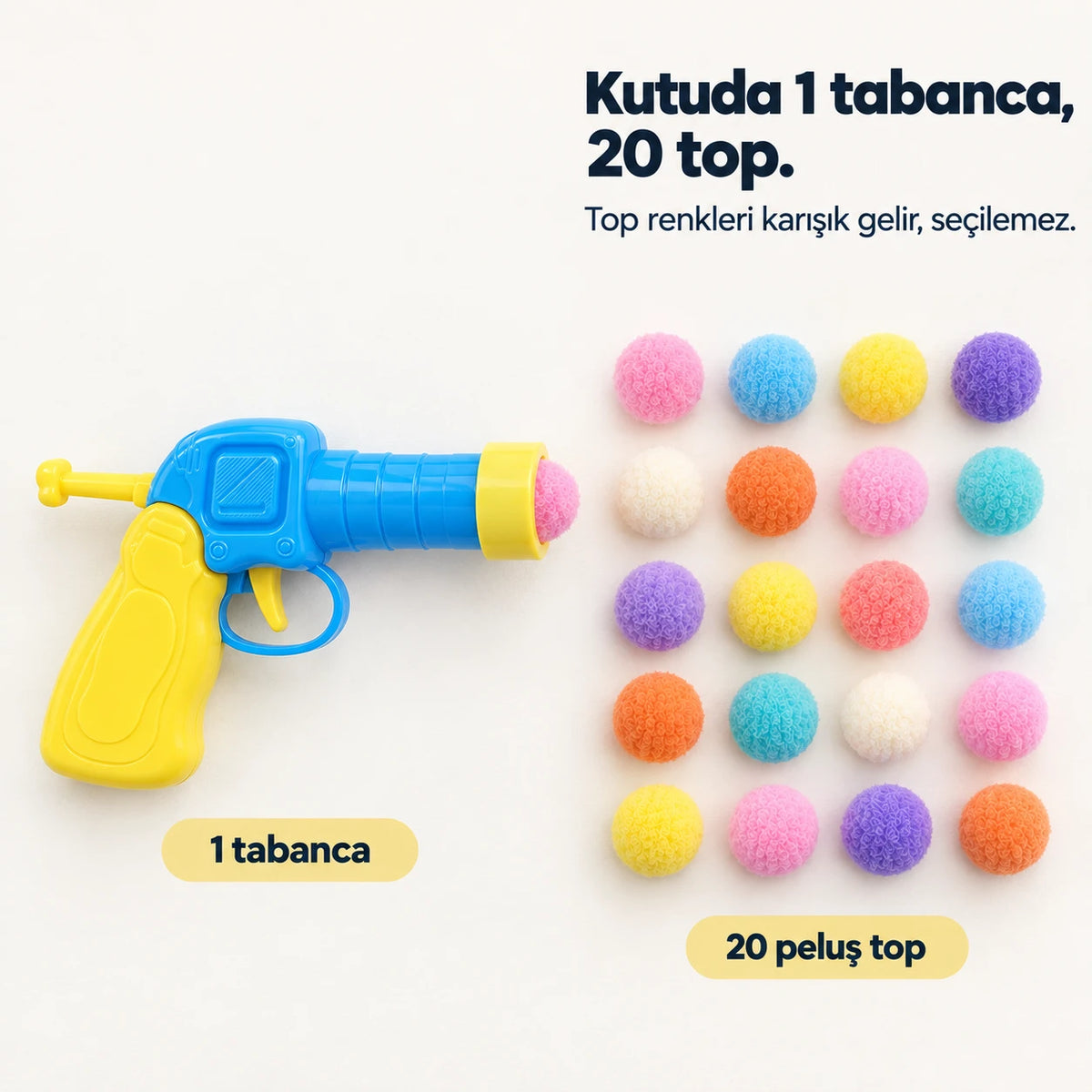 Paket içeriği: 1 tabanca, 20 peluş top
