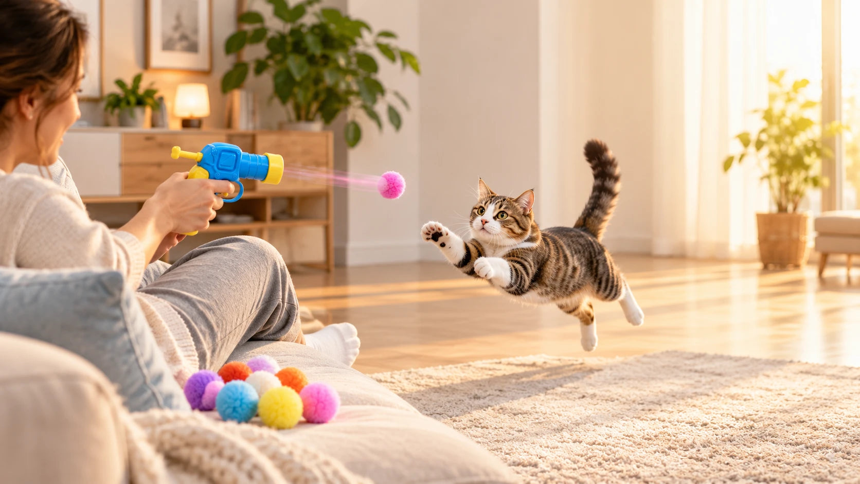 Kanepede oturan kişi tabancayla peluş topu fırlatıyor, kedi topa sıçrıyor