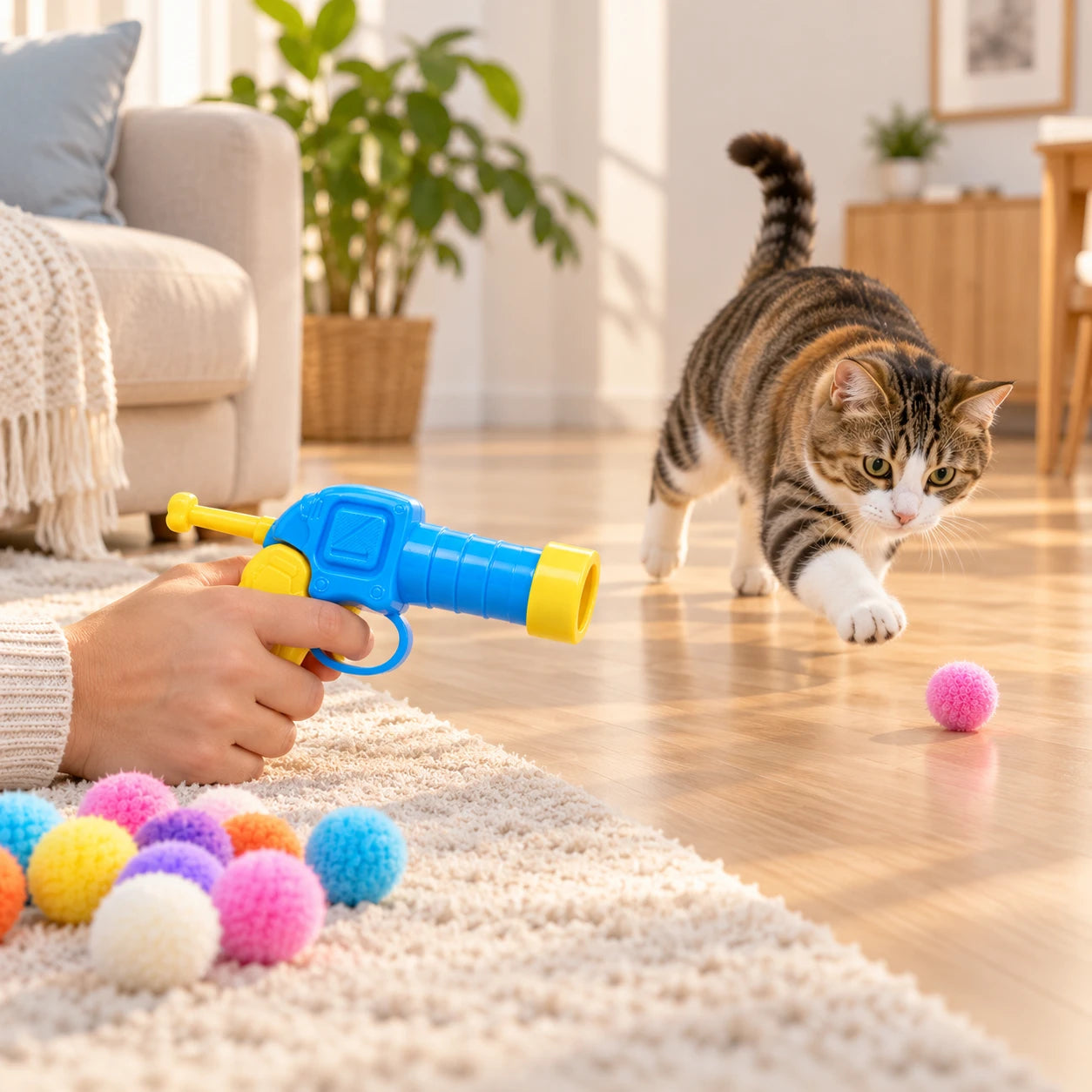 Kedi yerde yuvarlanan peluş topun peşinde, yanda yedek toplar