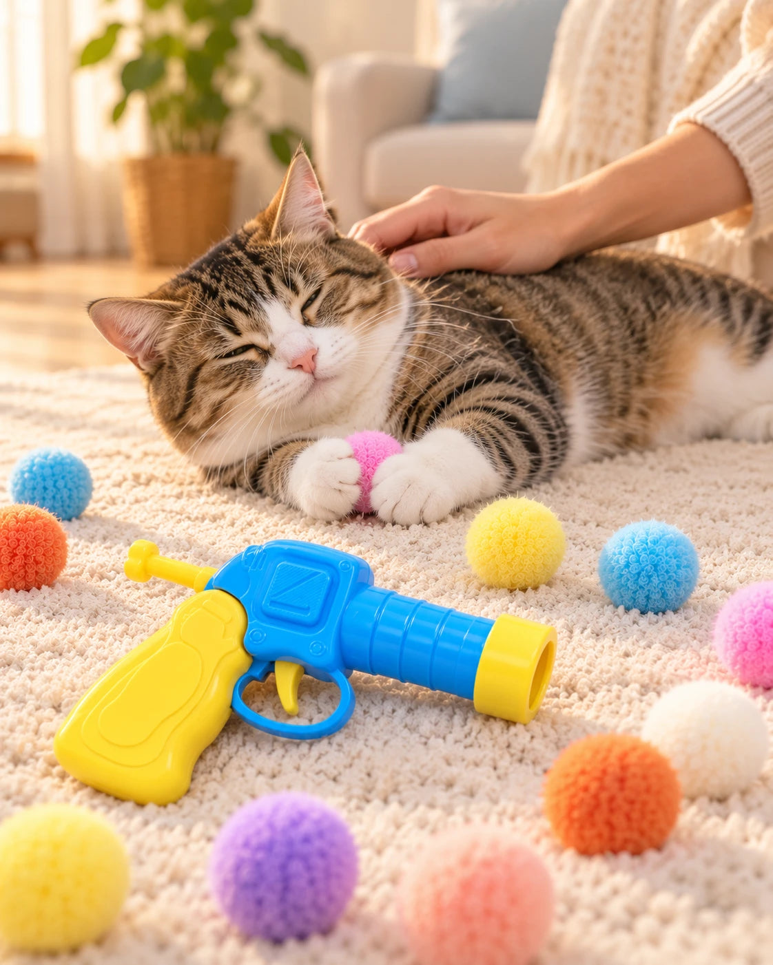 Oyundan sonra halıda dinlenen kedi, yanında tabanca ve peluş toplar