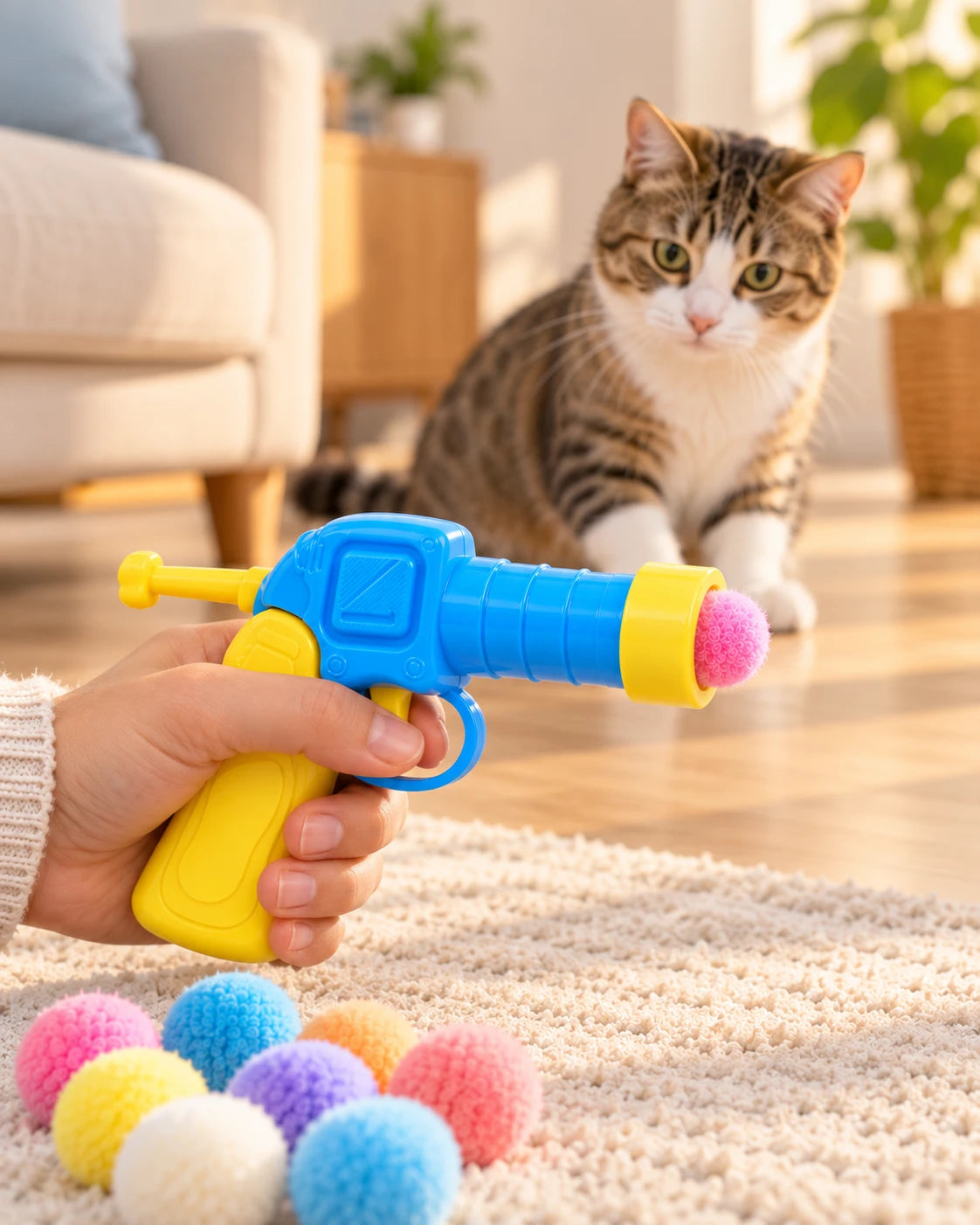 Namlusunda tek top olan tabanca, arkada topu izleyen kedi