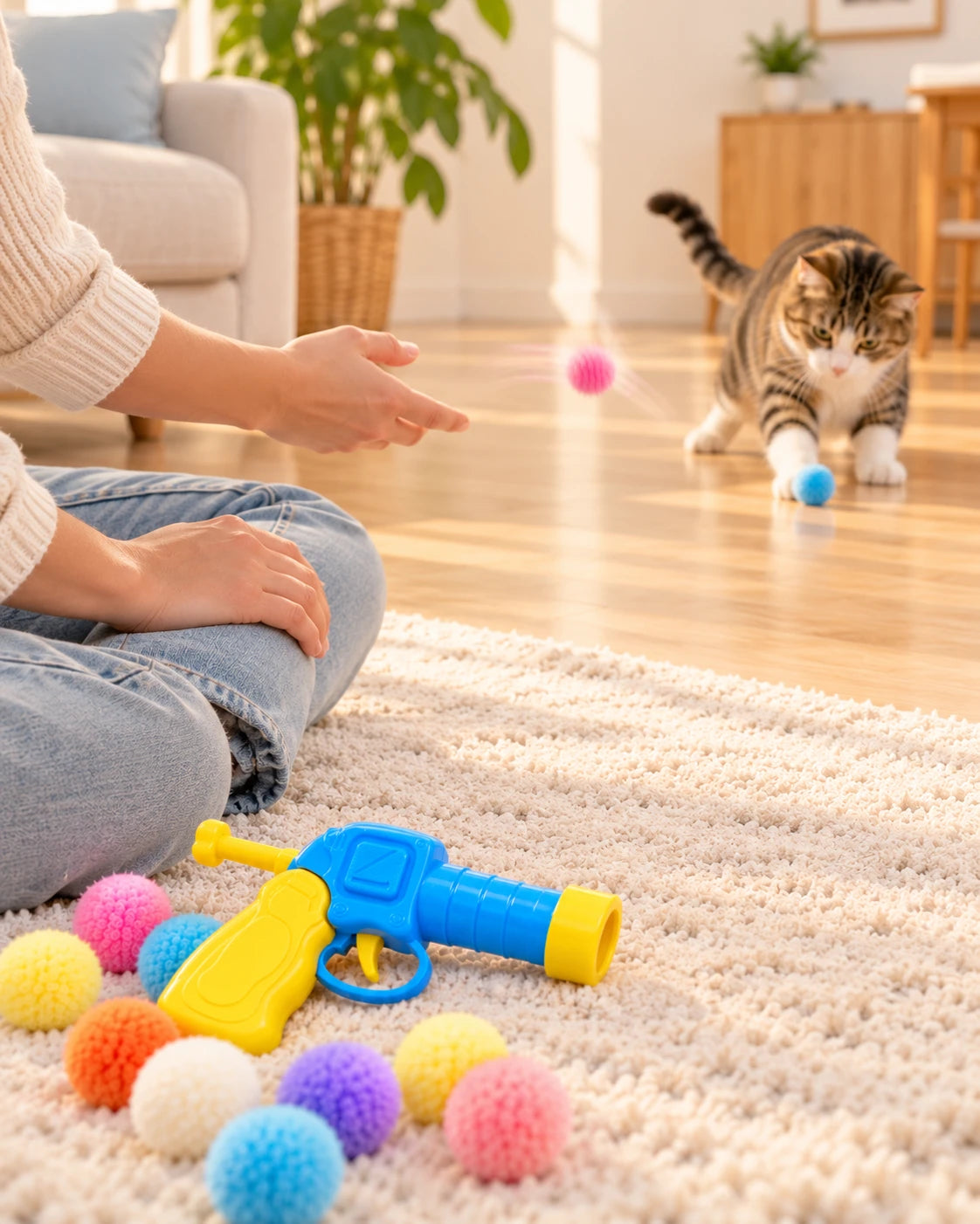 Topu elle atan kişi, tabanca halıda duruyor, kedi uzakta oynuyor
