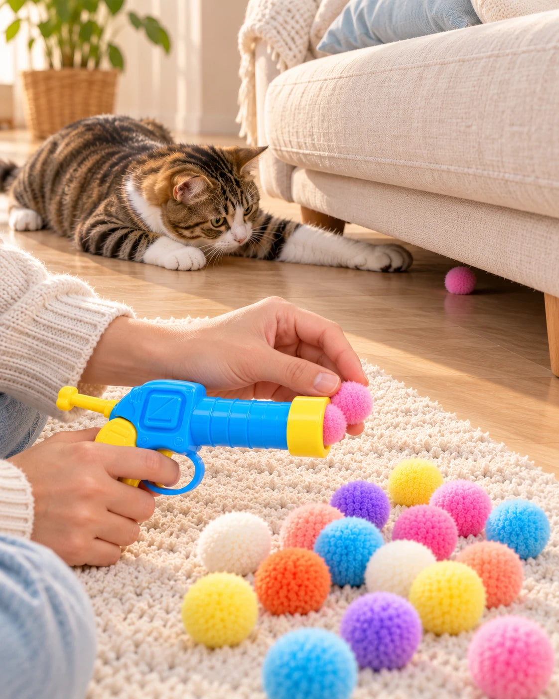 Kanepe altına kaçan topa uzanan kedi, önde yedek toplar ve tabanca